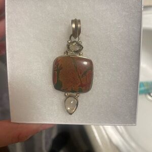 Handcrafted Red-Brown Jasper Pendant with Clear Gem Accents